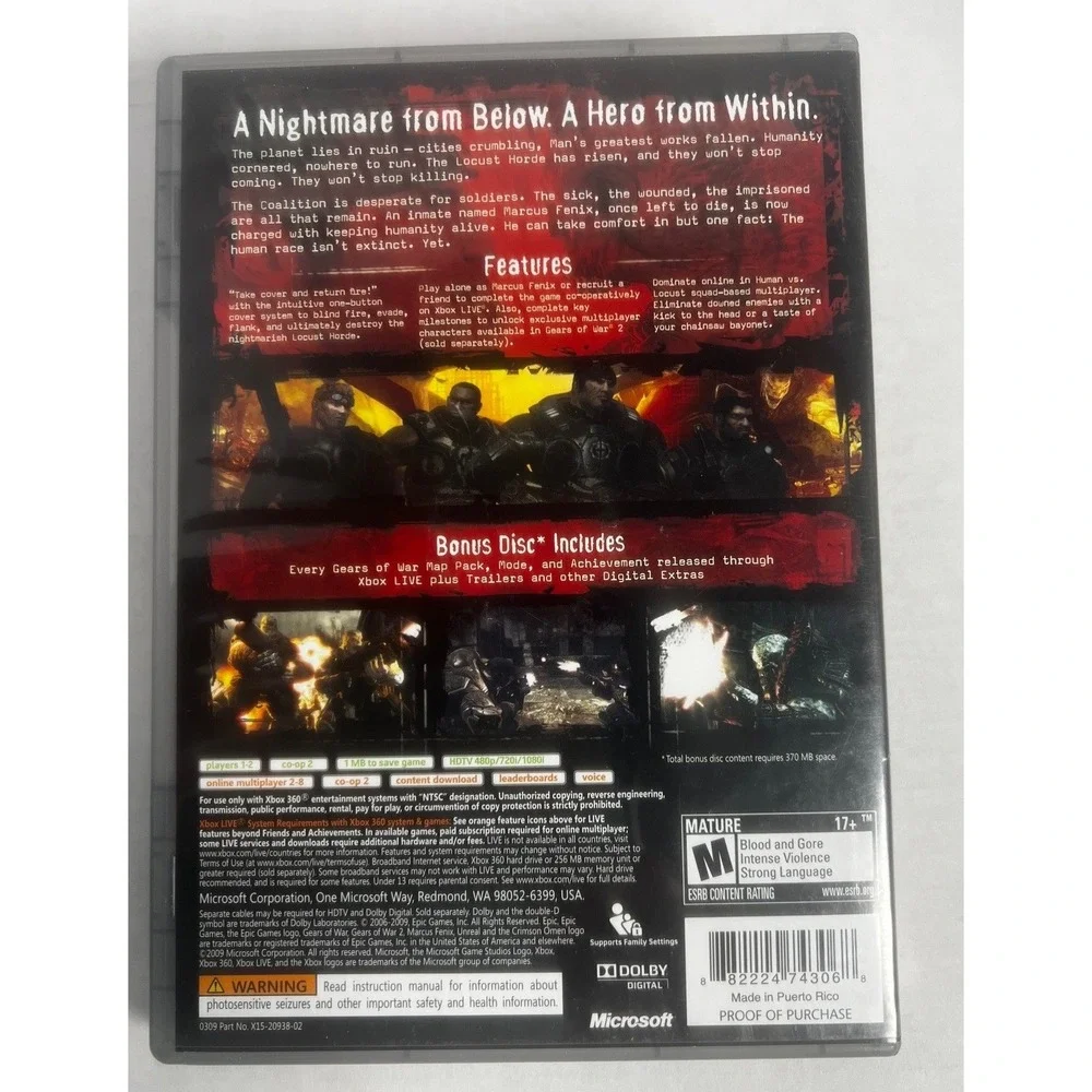 Gears of War‎ Xbox 360 Platinum Hits Complete Collection Bonus Disc Included